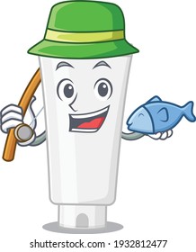 Cartoon design style of shower gel ready goes to fishing. Vector illustration