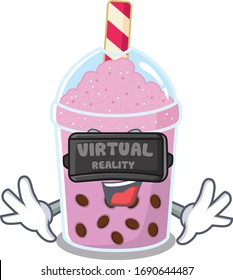 Cartoon design style of taro bubble tea with modern Virtual Reality headset