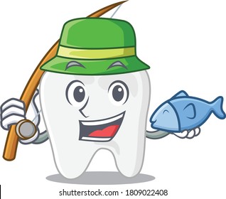 Cartoon design style of tooth goes to fishing