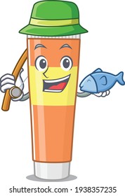 Cartoon design style of toothpaste ready goes to fishing. Vector illustration