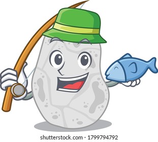Cartoon design style of white planctomycetes goes to fishing