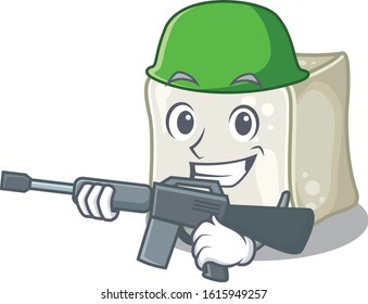 A cartoon design of sugar cube Army with machine gun