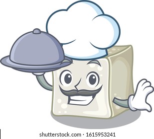 cartoon design of sugar cube as a Chef having food on tray
