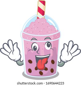 A cartoon design of taro bubble tea having a crazy face