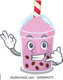 Cartoon design of taro bubble tea with call me funny gesture