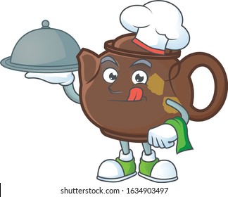 cartoon design of teapot as a Chef having food on tray