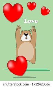 Cartoon design with teddy bear and big heart on green background