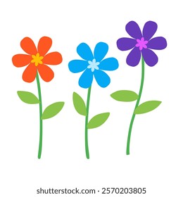 Cartoon design of three colorful flowers and stems