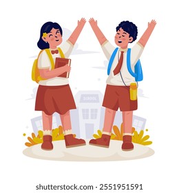 Desenho animado de dois estudantes do ensino fundamental personagem se encontram, Bem-vindo de volta ao conceito da escola, ilustração Vetor