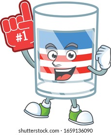 A cartoon design of USA stripes glass holding a Foam finger