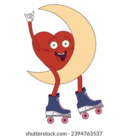 
Cartoon design Valentine's Day Hippie Groovy red Heart on moon. Template celebration Valentine poster, banner, postcard. Vector illustration in Y2K style.  Character isolated transparent background 