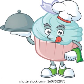cartoon design of vanilla blue love cupcake as a Chef having food on tray