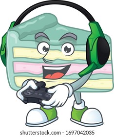 A cartoon design of vanilla slice cake talented gamer play with headphone and controller