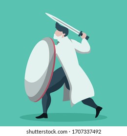 Cartoon design of warrior doctor with shield and sword