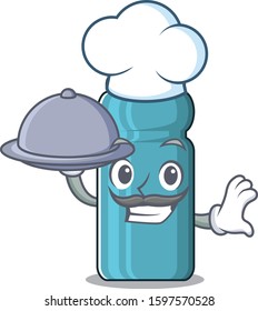 cartoon design water bottle Scroll as a Chef with food on tray