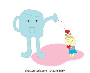 cartoon design of watering can water  hearts on plant pot.  Save the earth with love plant concept