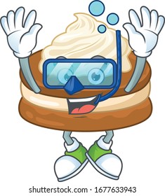 A cartoon design of white cream alfajor trying Diving glasses