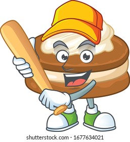 Cartoon design of white cream alfajor having baseball stick