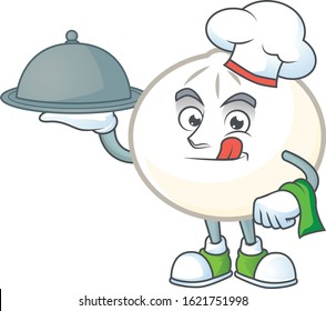 cartoon design of white hoppang as a Chef having food on tray