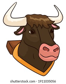 Cartoon design of a worker ox head with yoke, yellow belt and brown hide, isolated over white background.