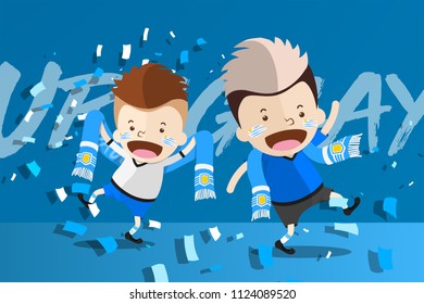 Cartoon Design for World Cup 2018 Football Fans with supporters scarf  to cheer up and celebrate to the 16 Finalists of tournament - Uruguay