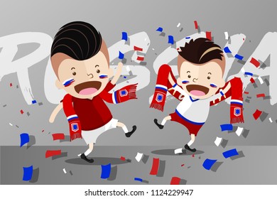 Cartoon Design for World Cup 2018 Football Fans with supporters scarf  to cheer up and celebrate to the 16 Finalists of tournament - Russia