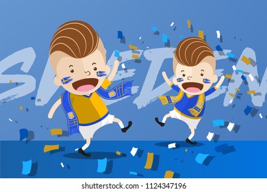 Cartoon Design for World Cup 2018 Football Fans with supporters scarf  to cheer up and celebrate to the 16 Finalists of tournament - Sweden