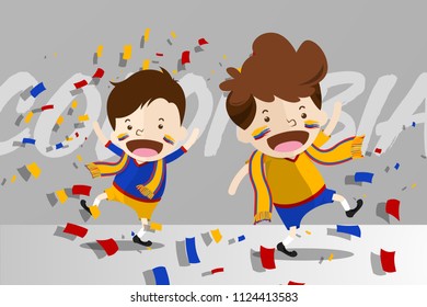 Cartoon Design for World Cup 2018 Football Fans with supporters scarf  to cheer up and celebrate to the 16 Finalists of tournament - Colombia