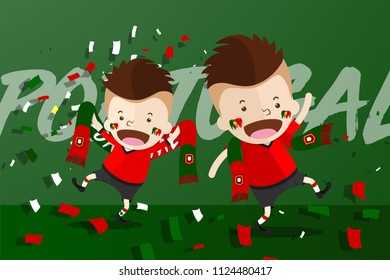 Cartoon Design for World Cup 2018 Football Fans with supporters scarf  to cheer up and celebrate to the 16 Finalists of tournament - Portugal