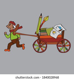 cartoon of a designer-artist pulling a cart with drawings