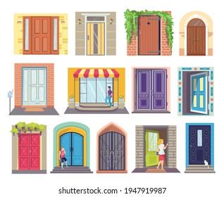 Cartoon Designs Entrance Doors Set, Vector Illustration. Stylish Wooden Doors In City Apartment. Entrance From Street, Luxurious Entrance With Porch