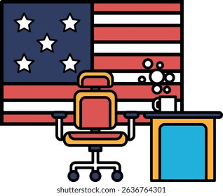 A cartoon of a desk with a chair and a cup of coffee next to a red, white, and blue American flag