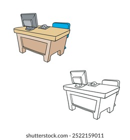 Cartoon Desk. Workspace. Workplace. computer monitor. mouse. isolated on white background. Hand Drawn Outline style. Vector illustrations