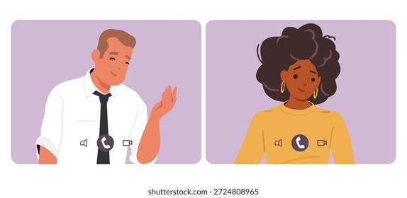Video Pantalla de escritorio de dibujos animados que presenta una conferencia con diversos colegas. Colaboración global moderna, tecnología de trabajo en equipo remoto y Ilustración vectorial para iniciativas de diversidad corporativa