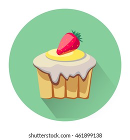 Cartoon dessert cake icon isolated on white background. Vector illustration for sweet food dessert design. Biscuit cake cookie symbol. Delicious logo sign Yellow pink cute color One bright portion