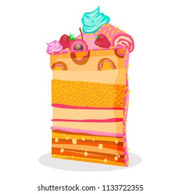Cartoon dessert cake pastry sweets  with cherries  and strawberry  fruits on top, Colorful hand drawn vector stock illustration.