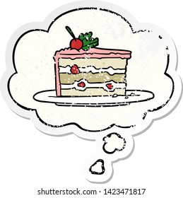 cartoon dessert cake with thought bubble as a distressed worn sticker