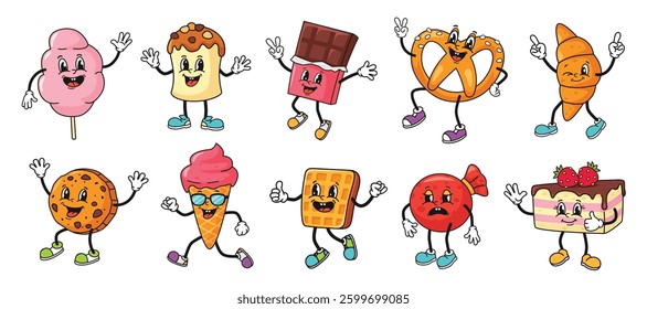 Cartoon dessert character. Retro mascots for cotton candy, sweet panettone, chocolate bar, funny pretzel and croissant. Happy cookie, ice cream, waffle and cake isolated vector set.