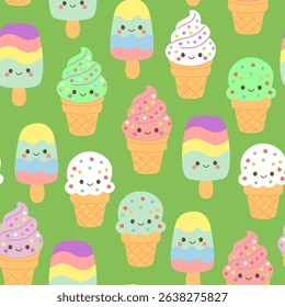 Cartoon dessert characters in a seamless pattern for creative projects. Great for textiles, web graphics, and packaging.