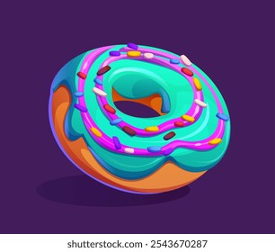 Jogo de sobremesa de desenhos animados donut para bônus ou prêmio troféu e GUI elemento, ícone vetorial. Doce padaria ou pastelaria jogo ativo de donut com esmalte de creme e polvilhos de caramelo colorido para recompensa de bônus de nível