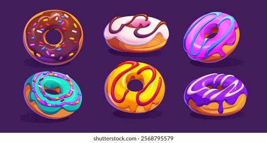 Cartoon dessert game donuts. Isolated vector tasty doughnut treats drizzled with vibrant glazes, icing, chocolate sauce and colorful sprinkles. Bakery, confection or pastry, sweet food with toppings