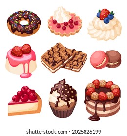 Cartoon dessert set. Cake desserts, candies and sweet cupcake. Fresh fruits and berry on cream bakery, macaroons food garish vector collection