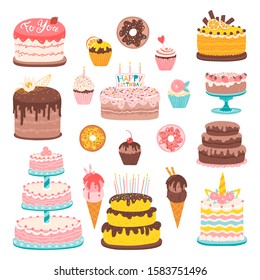 Cartoon dessert set. Vector stock illustrations of various cakes, muffins, ice cream, donuts. At a party, birthday, weddings. Sweets with fruits, chocolate, pastry topping.