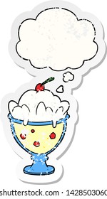 postre de caricatura con burbuja de pensamiento como pegatina gastada angustiada