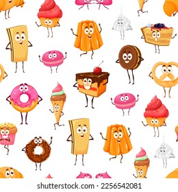 Cartoon desserts and confectionery characters seamless pattern. Fabric print or background with funny cake, cookies and muffin, ice cream, waffles and donut. Pastry sweets personages vector wallpaper