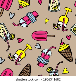 Cartoon desserts, delicious sweets and drinks seamless doodle-style pattern. Bright colors. For girls on a brown background