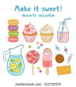 Cartoon desserts, sweets and drinks collection, vector illustration