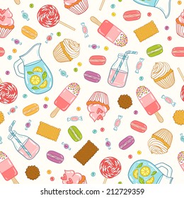 Cartoon desserts, sweets and drinks seamless pattern