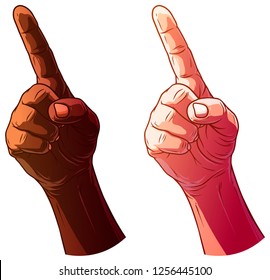 Cartoon detailed graphic white and black human hands. Showing forefinger. Isolated on white background. Vector icons set.