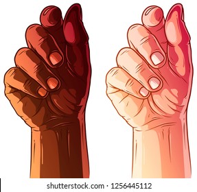 Cartoon detailed graphic white and black human hands. Showing holding gesture or sign. Isolated on white background. Vector icons set.